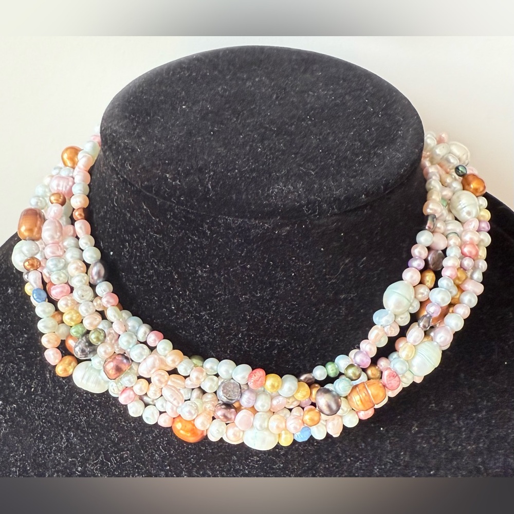 Sterling Silver 925 7-Strand Multi-Color Pearl Genuine Necklace Collar Choker - Picture 8 of 11